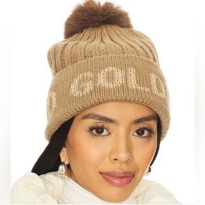 Goldbergh Ski Faux Fur Beanie Hat Marmottes Tan Gold Logo NWT